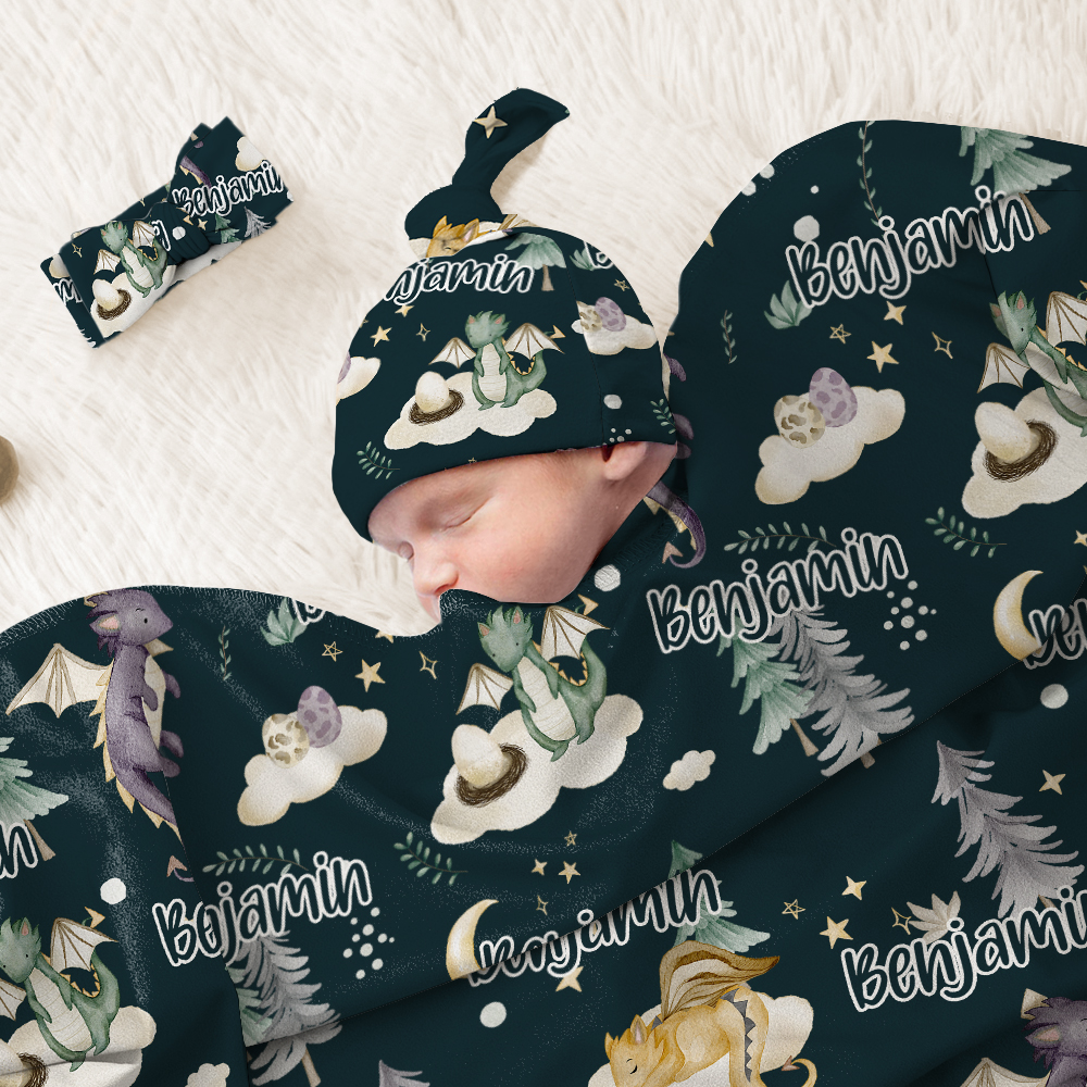 Couverture de réception personnalisée Night Sky Little Dragon Swaddle Knot Hat Headband with Name Hospital Coming Home Outfit Baby Shower Gift for New