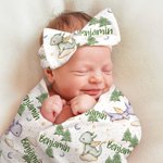 Personalised Cute Cartoon Dragon Forest Receiving Blanket Swaddle Hat Headband Set with Name Coming Home Outfit Baby Shower Gift for Newborns