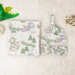 Personalised Cute Cartoon Dragon Forest Receiving Blanket Swaddle Hat Headband Set with Name Coming Home Outfit Baby Shower Gift for Newborns
