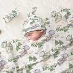 Personalised Cute Cartoon Dragon Forest Receiving Blanket Swaddle Hat Headband Set with Name Coming Home Outfit Baby Shower Gift for Newborns
