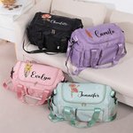 Personalised Birth Flower Name Large Travel Duffle Bag with Multi Compartments and Shoulder Strap Back to School Birthday Gift for Women Girls