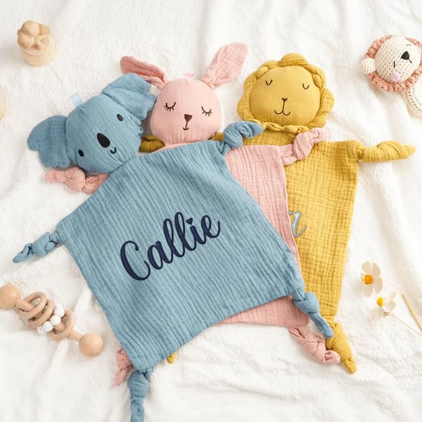 Personalizado lindo conejito oso león muselina de algodón suave bebé Loveys manta de seguridad con el nombre bordado Baby Shower Cumpleaños Regalo par