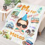 Personalized Fantasy Unicorn Train Cartoon Kids Soft Throw Blanket with Initial and Name Home Decor Birthday Gift for Boys Girls