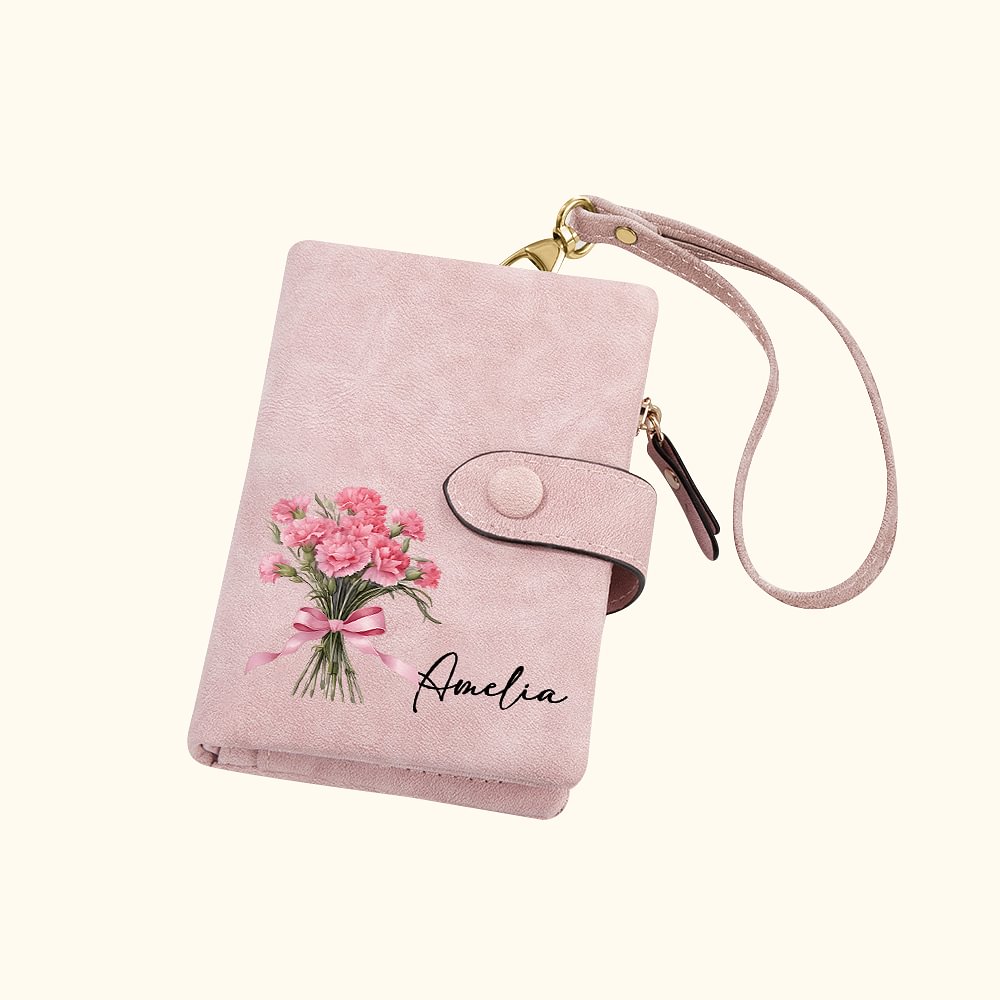 Portefeuille Tri-Plié Personnalisé avec Fleur de Naissance et Nom Portefeuille avec Porte-Cartes Cadeau d'Anniversaire pour Femme