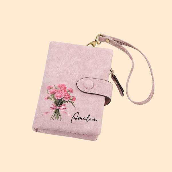 Personalized Birth Flower Bouquet Tri-fold Wristlet Name Wallet with Card Holder Birthday Gift for Women