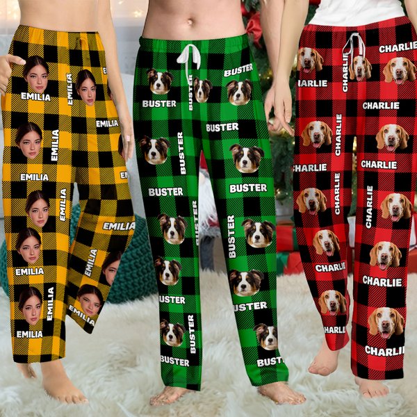 Personalized Plaid Avatar Pet Portrait Long Pajama Pants with Name and Drawstring Christmas Birthday Gift for Kid Women Men Pet Lover