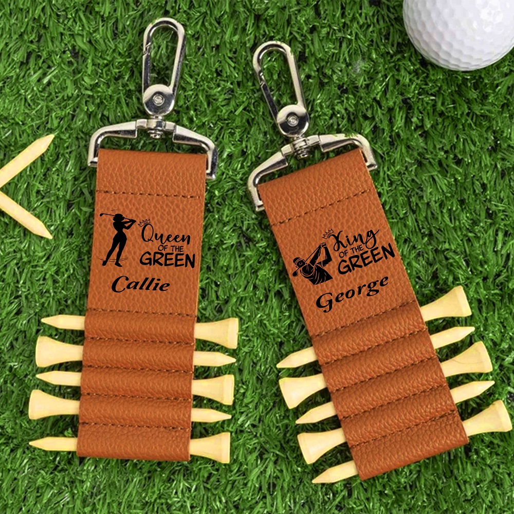 Porte tee de golf en cuir PU avec nom et 5 tees en bambou Cadeau d'anniversaire pour joueur de golf