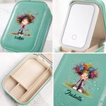 Personalised Quirky Girl Leather Jewellery Box with Name and Changing Colour LED Makeup Mirror Birthday Gift for Family Friends