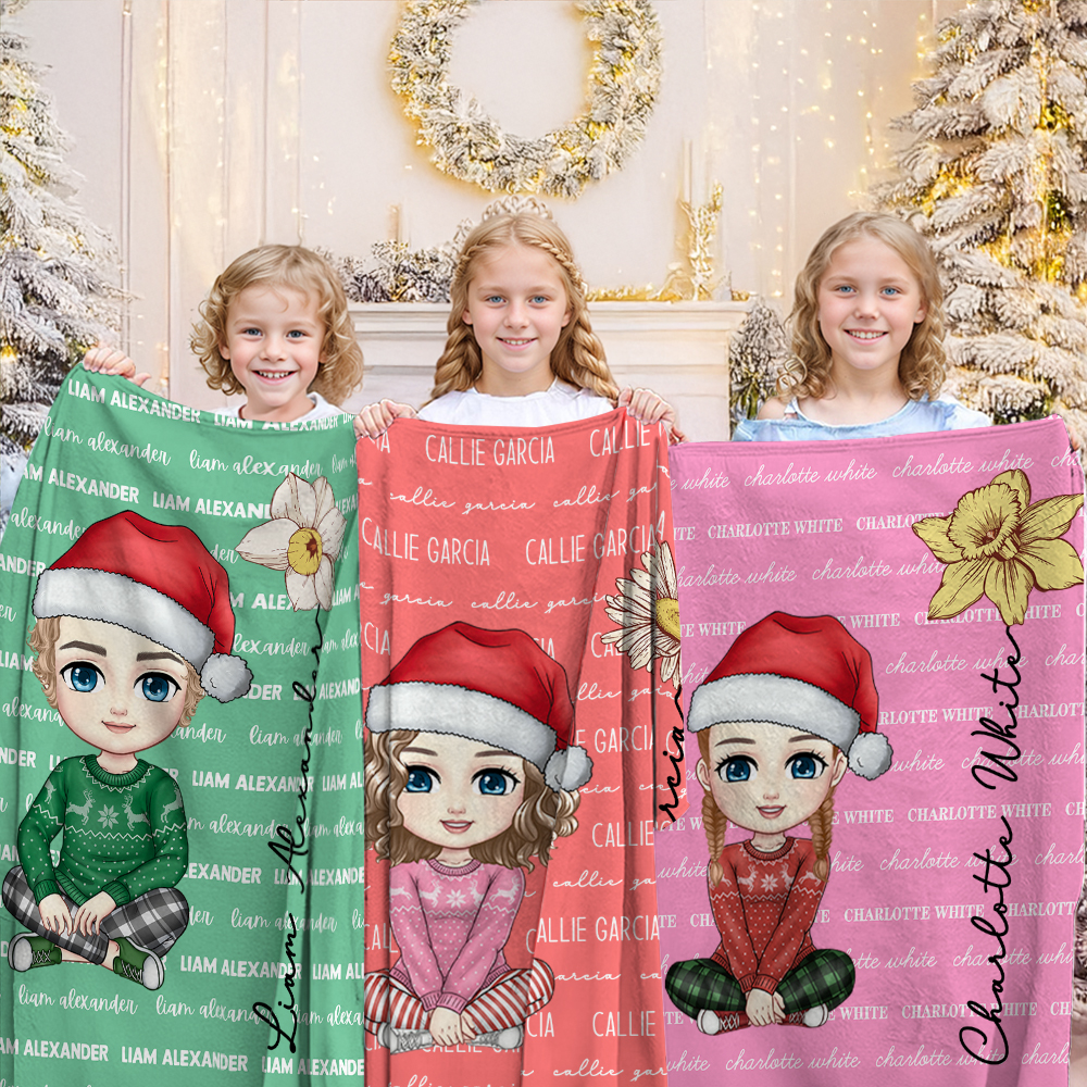 Couverture Douce Multicolore Personnalisée avec Nom Personnage Dessin Animé et Fleur de Naissance Cadeau Noël pour Famille et  Enfants