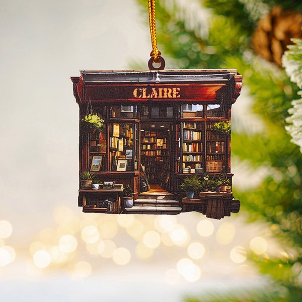 Personalized Double-sided 2D Retro Bookstore Acrylic Ornament with Name Christmas Tree Library Decor Birthday Book Club Gift for Bookworms