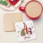 Personalized Cute Snowman Snowflake Initial Absorbent Wooden Square Coaster with Name Holiday Party Table Decor Christmas Gift for Kids Family