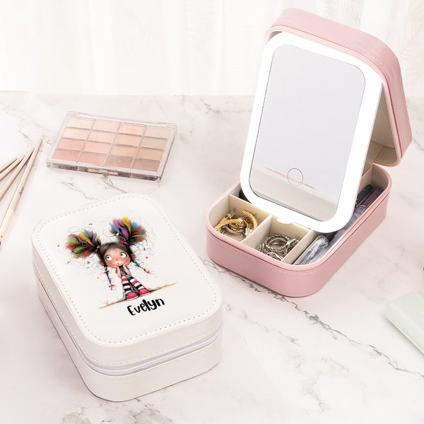 Gepersonaliseerde eigenzinnige lederen sieradendoos voor meisjes met naam en veranderende kleur LED make-up spiegel Verjaardagscadeau voor familie vrienden