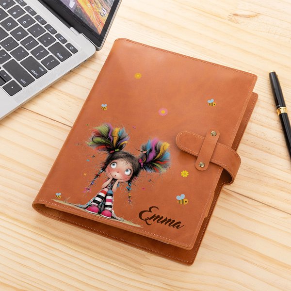 Personalized Cute Whimsical Quirky Girl A5 PU Leather Notebook Cover with Name and Storage Pocket Birthday School Office Supply Gift for Girls Women