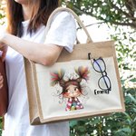 Sac en Toile de Jute Réutilisable Personnalisé avec Nom Motif Fille Excentrique Pochette Frontale Cadeau d'Anniversaire pour Filles Femmes