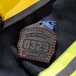 Personalised Genuine Leather Firefighter Helmet Shield Keychain Airtag HID Prox Key Holder with Engraved Texts Birthday Gift for Fireman