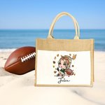 Personlig fotboll tecknad flicka stor jute Tote väska med namn resor Essentials födelsedagspresent för kvinnor