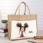 Sac en Toile de Jute Réutilisable Personnalisé avec Nom Motif Fille Excentrique Pochette Frontale Cadeau d'Anniversaire pour Filles Femmes