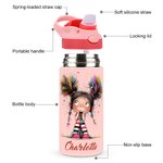 Personlig, söt, knasig, tecknad flicka, 12 oz, barnisolerad vattenflaska med namn, handtag och silikonsugrör, födelsedagspresent till skolan för flickor