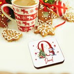 Personalized Cute Snowman Snowflake Initial Absorbent Wooden Square Coaster with Name Holiday Party Table Decor Christmas Gift for Kids Family