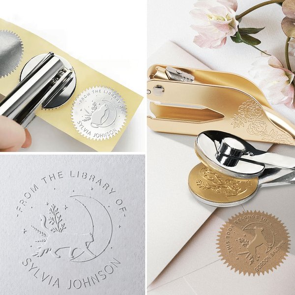 Personalised Moon and Stars Pet Engraved Flower Hand Held Book Embosser Stamp Set with Name and Quote Birthday Gift for Cat Dog Lover Book Lover