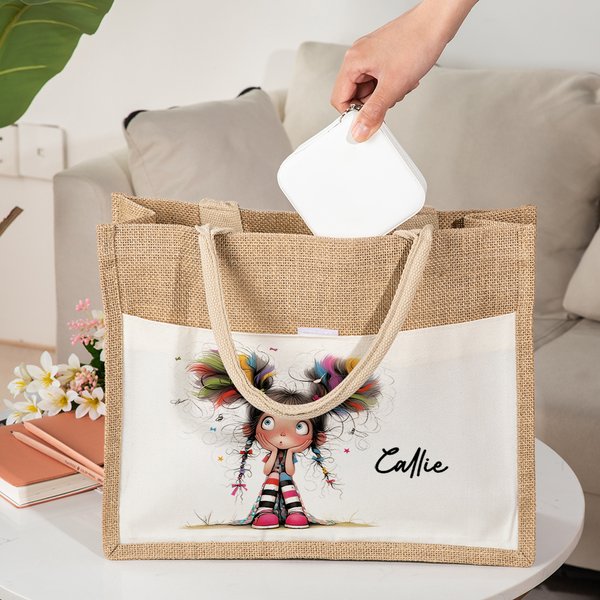 Sac en Toile de Jute Réutilisable Personnalisé avec Nom Motif Fille Excentrique Pochette Frontale Cadeau d'Anniversaire pour Filles Femmes