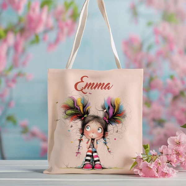Personalisierte niedlich skurrilen schrulligen Mädchen langlebig Canvas Tragetasche Tote Bag mit Namen Geburtstag Muttertag Geschenk für Damen Mädchen