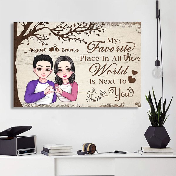 Personalized Tree Love Cartoon Character Finger Heart Canvas Painting with Name Home Decor Valentine's Day Gift for Couple