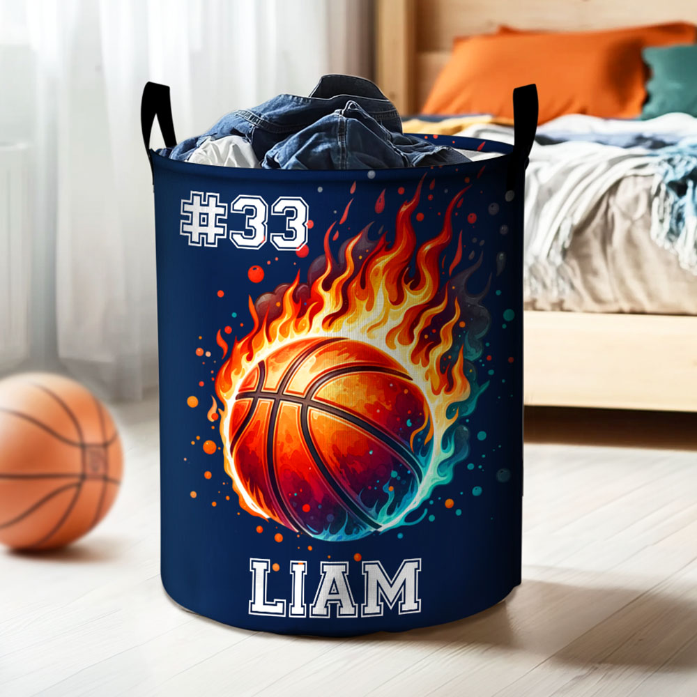 Panier de Rangement Imperméable Personnalisé avec Nom et Balles de Sport avec Poignée Design de Flamme Cadeau d'Anniversaire pour Amateurs de Sports