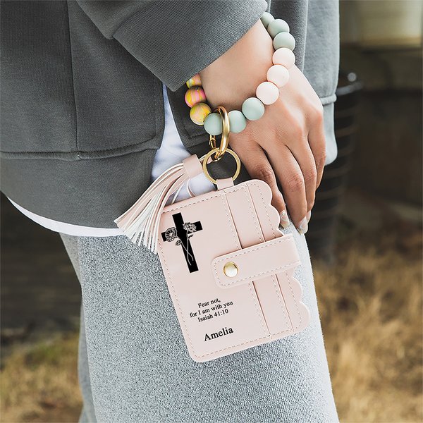 Personligt kors födelse blommor nyckelring armband läderplånbok med pärlarmband och namn jul påskgåva för kristna kvinnor