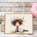 Personalized Cute Whimsical Quirky Girl Reusable Jute Tote Bag with Name Birthday Travel Essentials Gift for Girls Women