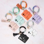 Personalized Cross Birth Flowers Keychain Wristlet Leather Wallet with Beaded Bracelet and Name Christmas Easter Gift for Christian Women