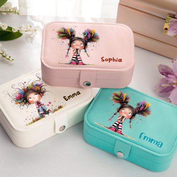Personalized Quirky Girl Two-layer PU Leather Jewellery Box with Name Travel Accessory Birthday Anniversary Gift for Women