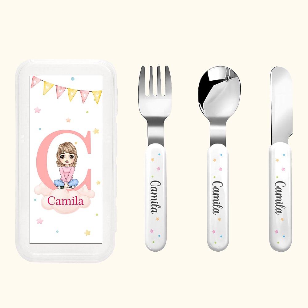 Couteau, fourchette, cuillère et étui en acier inoxydable pour enfants, avec étui en carton Cadeau d'anniversaire pour les garçons et les filles.