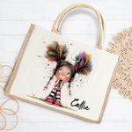 Personalized Cute Whimsical Quirky Girl Reusable Jute Tote Bag with Name Birthday Travel Essentials Gift for Girls Women