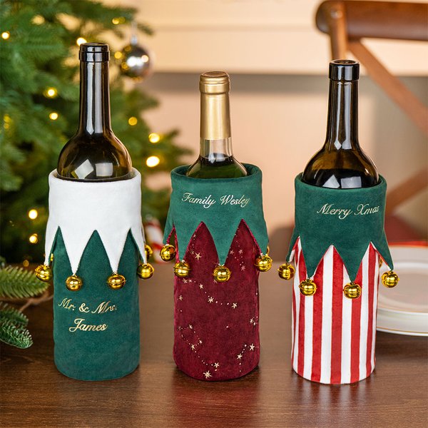 Personalized Christmas Bell Elf Double-sided Use Wine Bottle Covers with Text Christmas Decor Gift for Family Wine Lover