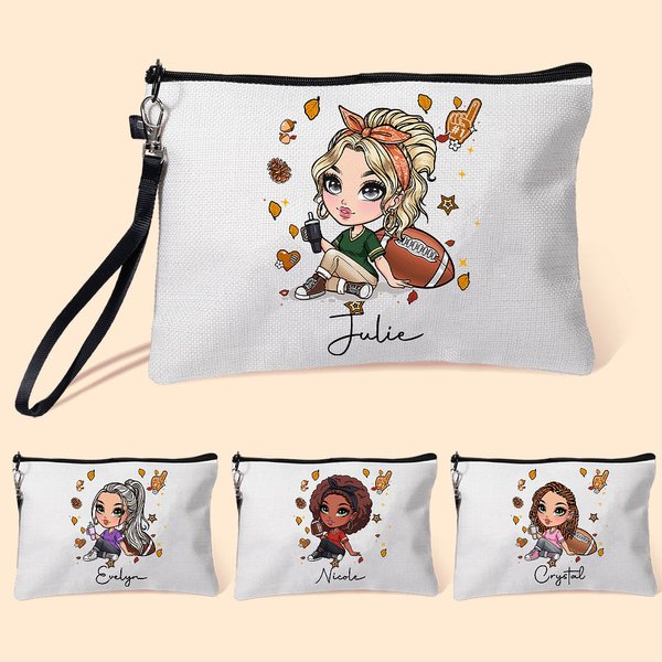 Personalized Fashion Football Girl Linen Wristlet Makeup Bag with Name Travel Accessory Birthday Sports Gift for Women Football Lovers