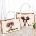 Personalized Cute Whimsical Quirky Girl Reusable Jute Tote Bag with Name Birthday Travel Essentials Gift for Girls Women