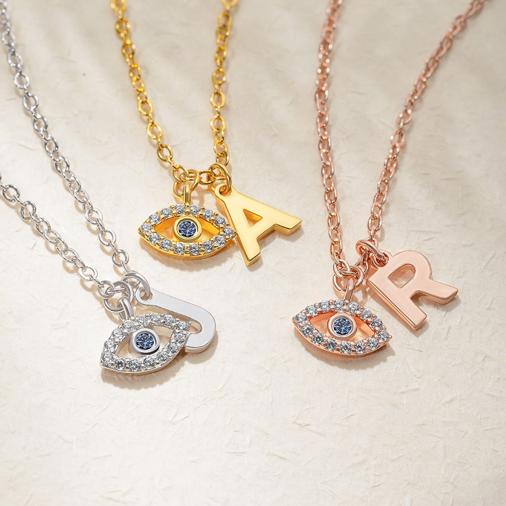 Collier Minimaliste Personnalisé Initial Oeil Malin Bijoux de Protection Anniversaire Cadeau pour Femme