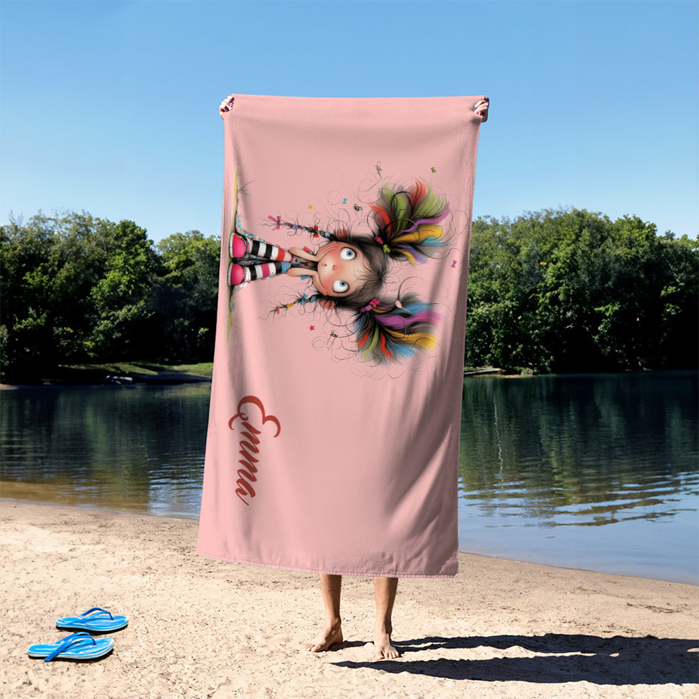 Serviette de plage personnalisée, surdimensionnée, à séchage rapide, avec nom de fille, pour les voyages d'été, cadeau d'anniversaire essentiel pour les enfants et les adultes.
