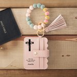 Personalized Cross Birth Flowers Keychain Wristlet Leather Wallet with Beaded Bracelet and Name Christmas Easter Gift for Christian Women