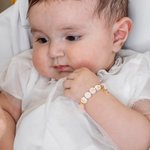 Personalised Matte Pink Rose Quartz Beaded Baby Girl Name Bracelet with Gold Cross Charm Baby Shower Christening Gift for Newborn Godchild