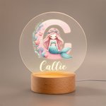 Personalised Mermaid Girl Acrylic LED Night Light with Wooden Base and Name Nursery Decor Baby Shower Birthday Gift for Kids