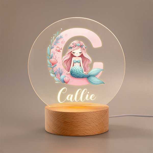 Personalised Mermaid Girl Acrylic LED Night Light with Wooden Base and Name Nursery Decor Baby Shower Birthday Gift for Kids