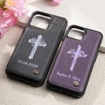 Gepersonaliseerd Kruis Geboorte Bloem Leren Flip Telefoonhoesje voor Apple Samsung met Kaarthouder RFID Blokkering Religieus Doopcadeau voor Christen