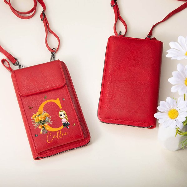 Personalisierte Cartoon-Charakter Geburt Blume Leder Telefon Brieftasche Crossbody Bag mit Initial Name und mehrere Fächer Geburtstag Geschenk für Frauen