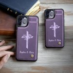 Gepersonaliseerd Kruis Geboorte Bloem Leren Flip Telefoonhoesje voor Apple Samsung met Kaarthouder RFID Blokkering Religieus Doopcadeau voor Christen