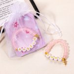 Personalised Matte Pink Rose Quartz Beaded Baby Girl Name Bracelet with Gold Cross Charm Baby Shower Christening Gift for Newborn Godchild