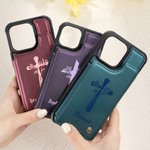 Gepersonaliseerd Kruis Geboorte Bloem Leren Flip Telefoonhoesje voor Apple Samsung met Kaarthouder RFID Blokkering Religieus Doopcadeau voor Christen