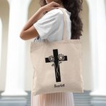 Personalized Cross Birth Flowers Large Bible Carrying Canvas Bag with Text Christmas Easter Baptism Gift for Christian