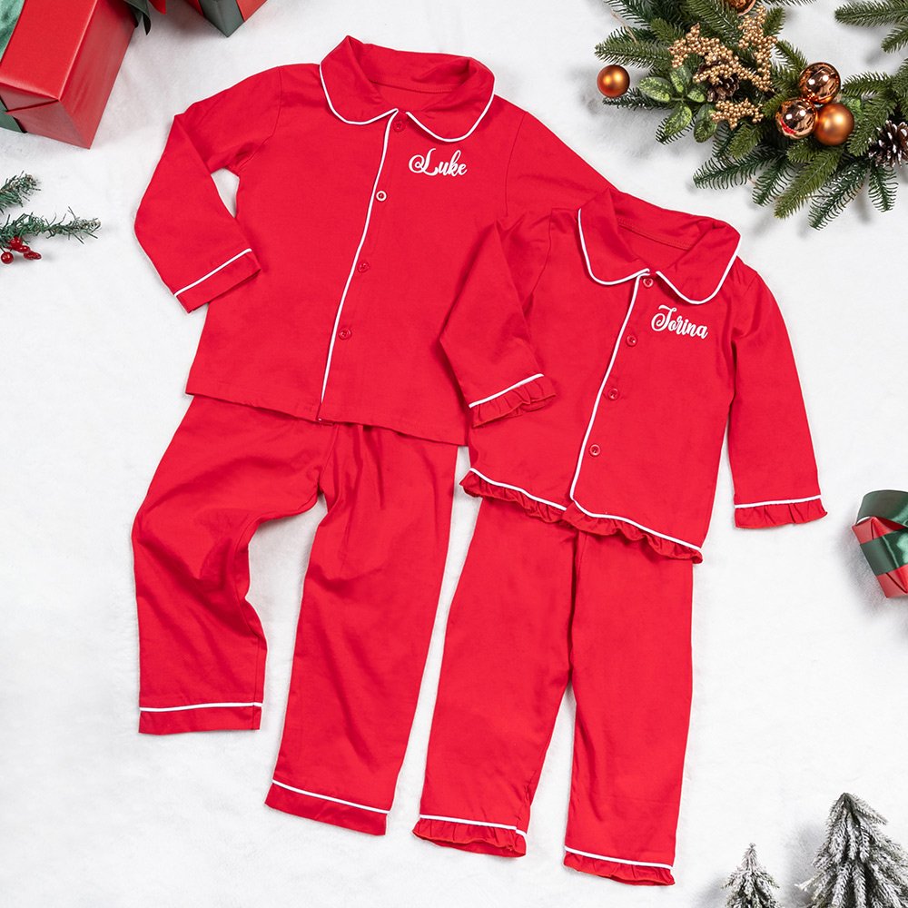 Personalisierte weiche Weihnachts-Pyjama-Set in Rot für Kinder mit Namen